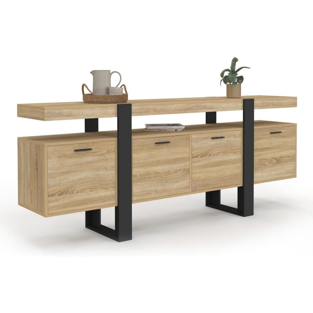 Enfilade beige avec rangement en 3 tiroirs et 4 portes, hauteur reglable