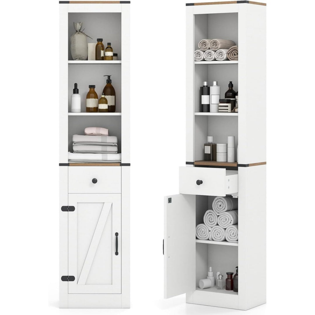 Colonne de rangement gris clair 3 etageres reglables, MDF et esprit fermier