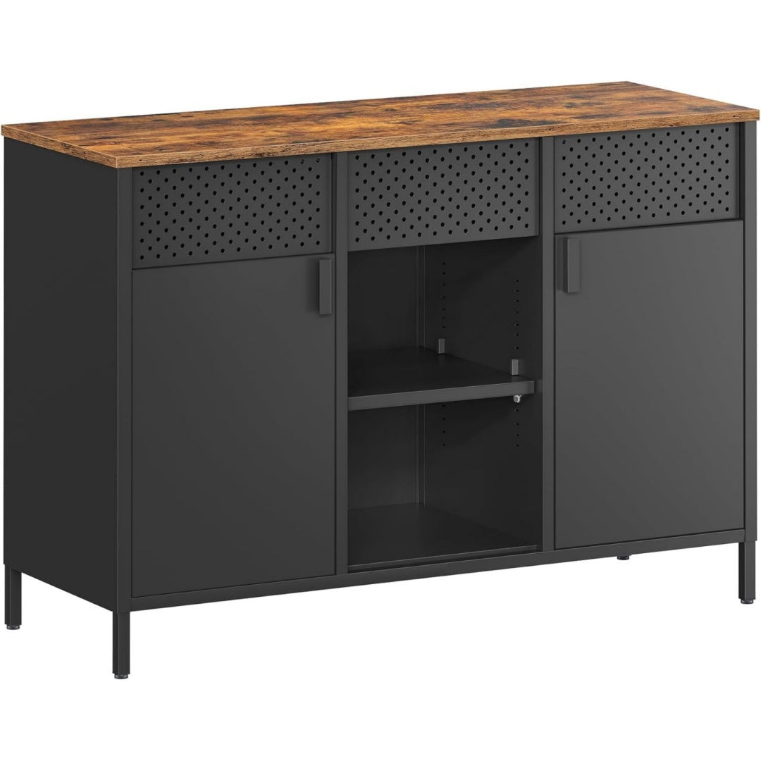 Credence gris fonce acier 110 cm, rangement finition rustique