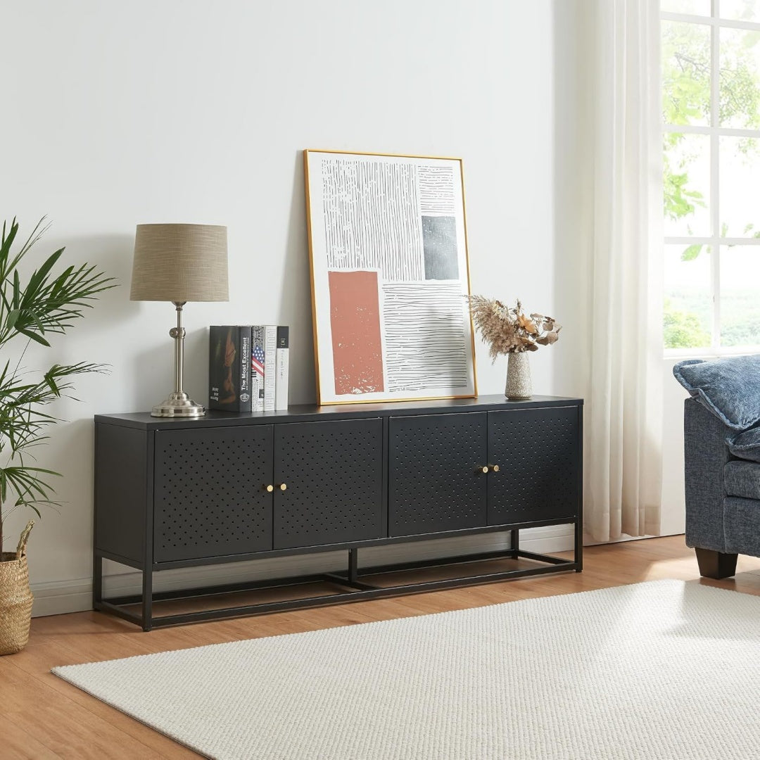 Console TV gris acier, 153 cm de large a 4 portes