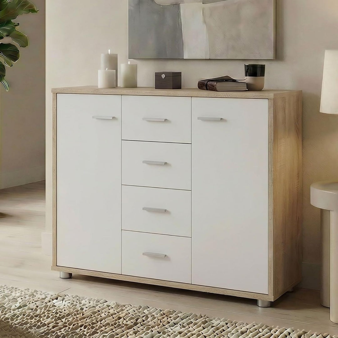 Meuble de rangement creme 2 portes, 4 tiroirs et 2 etageres pour salon