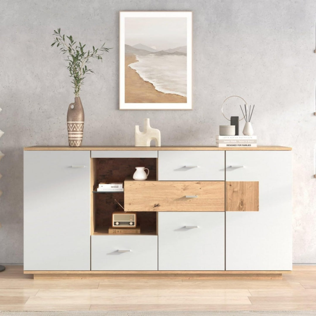 Credence gris clair pour entree, a 2 portes 4 tiroirs style scandinave