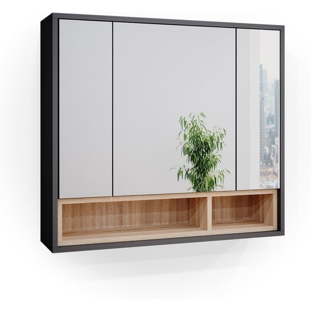 Grande capacite, armoire a miroir gris clair en bois 3 portes