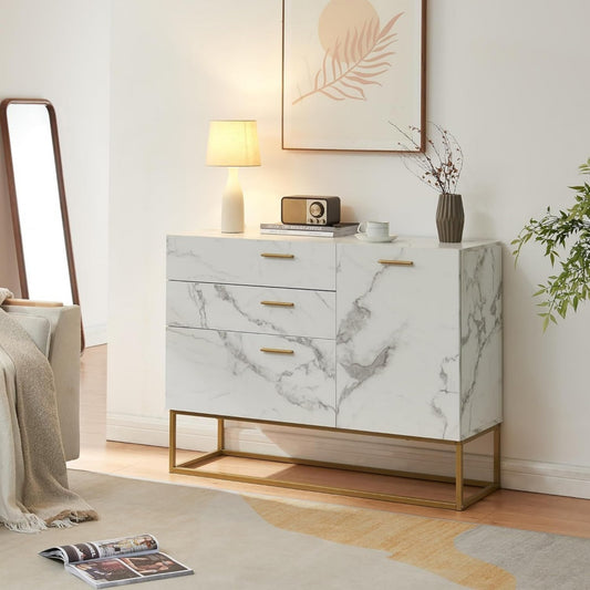 Credence gris clair a 1 porte 3 tiroirs, rangement compact
