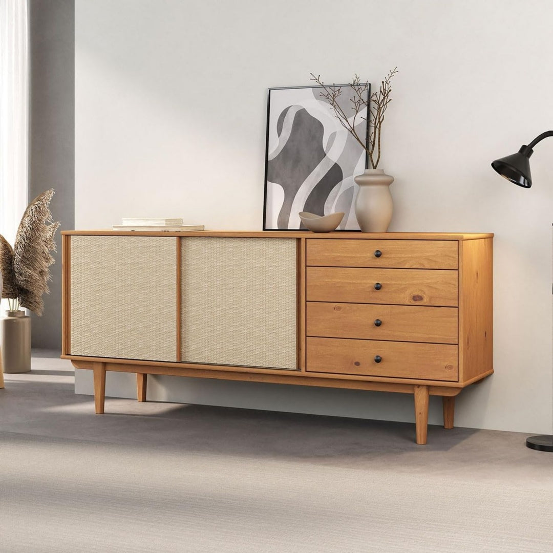 Vaisselier gris clair 41 x 175 x 76 cm, portes en rotin