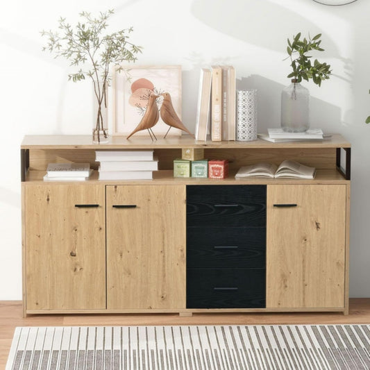Buffet etageres reglables en bois ingenierie beige, a 3 portes 3 tiroirs